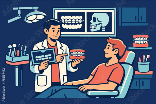 Dentist explaining braces and dental care options to a patient in a clinic, showing x-ray and teeth model