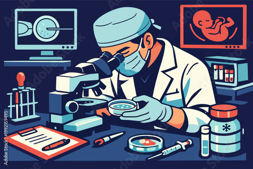 Medical scientist examining embryos in fertility lab, working on ivf treatments and assisted reproduction technology