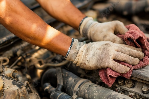 Hands use cloth to clean