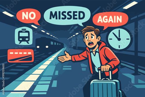 Man missing train at station, feeling frustrated and disappointed after being late for departure