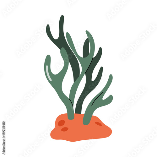 Green seaweed on orange rock cartoon vector icon on white background