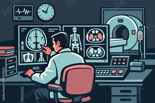 Radiologist doctor analyzing mri brain scan and medical imaging on computer screen in hospital control room