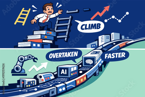 Business person struggling to climb career ladder while ai automation rapidly overtakes human jobs and skills