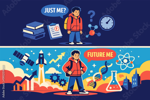 Young man contemplating his education path, showing past academic difficulties versus future stem career goals and personal growth