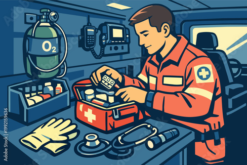 Paramedic preparing medical supplies in an ambulance, emergency responder organizing first aid kit for patient care