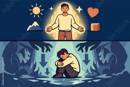 Experiencing the dichotomy of mental states, depicting a person's journey from well-being and happiness to struggles with depression and anxiety