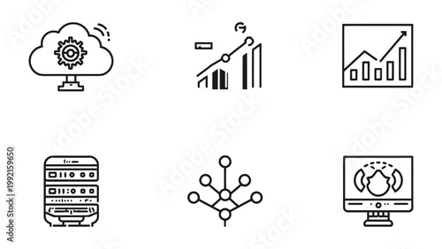 Digital Data Collection: A set of six meticulously crafted digital icons depicting various aspects of digital data processing and management, from cloud computing to data analysis. 