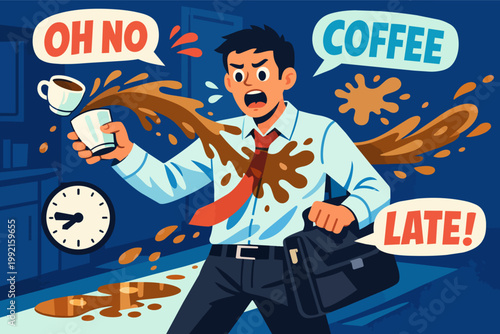 Stressed businessman spilling coffee on shirt, rushing and running late, chaotic morning accident causing frustration