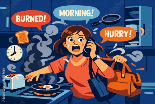 Stressed woman multi-tasking and rushing in a chaotic morning kitchen, dealing with burned food and time pressure