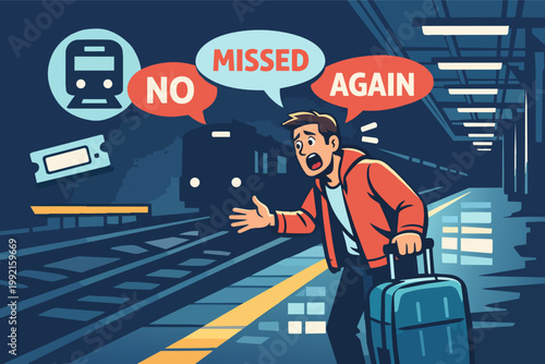 Worried man missing train at railway station, experiencing travel delay, frustration, and a transportation problem