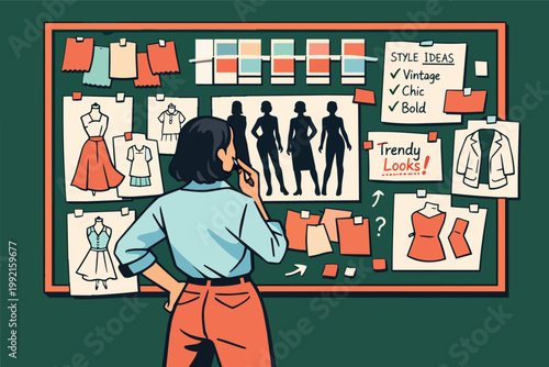 Fashion designer analyzing style ideas on a mood board, planning apparel creation, and developing new trendy looks