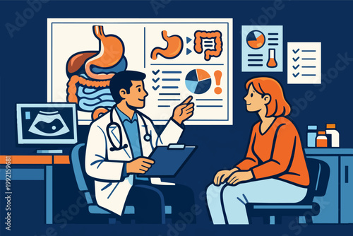 Gastroenterologist doctor consulting patient, explaining digestive health, gut issues, and medical examination results over a chart