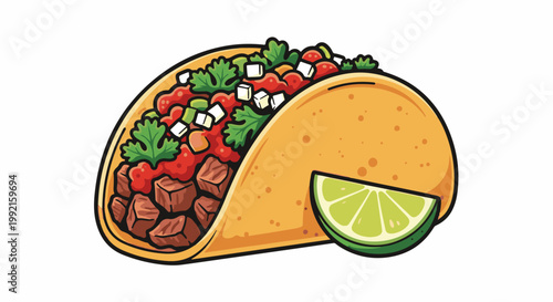 A vibrant cartoon taco bursting with savory fillings and a lime wedge