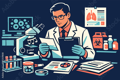 Scientist wearing lab coat and gloves working in a laboratory analyzing research data with microscope and medical equipment