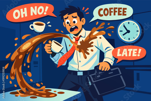 Employee spilling coffee on shirt, stressed and running late, experiencing an office accident and work problems