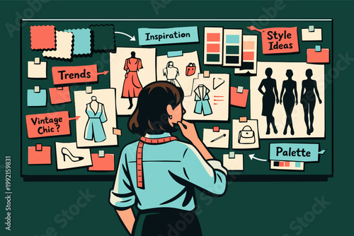 Fashion designer analyzing a mood board with sketches, fabric swatches, color palettes, and fashion trends