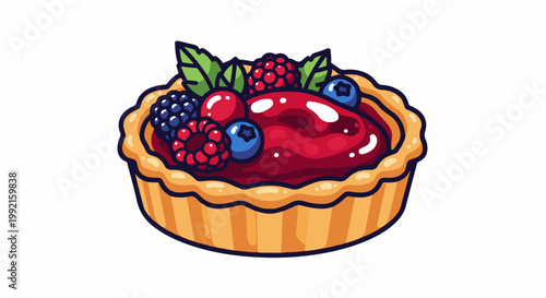 A vibrant, cartoon-style illustration of a berry tart with a glossy red filling and fresh fruit toppings