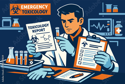 Scientist analyzing emergency toxicology report and blood sample in lab, researching poison and chemical compounds