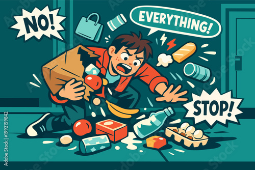 Young man dropping a bursting paper bag of groceries, food spilling across the floor and creating a chaotic mess