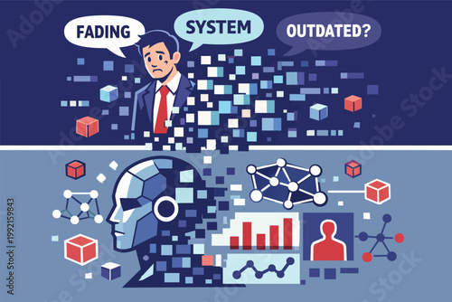 Businessman's job fading as artificial intelligence takes over, creating future challenges for work systems