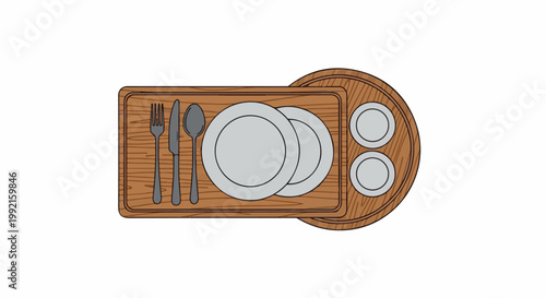 A top-down view of a wooden platter with tableware, including plates, fork, knife, and spoon