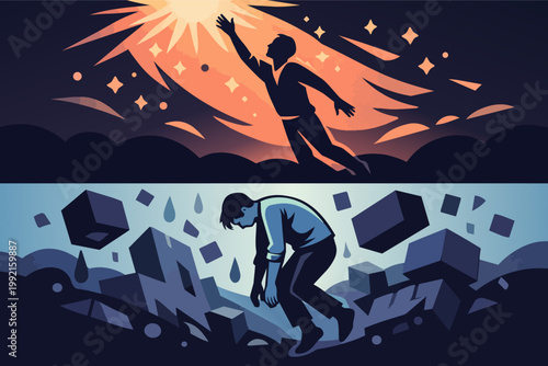 Person reaching for success contrasted with falling into despair, illustrating ambition, joy, depression, and mental health duality