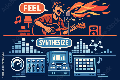 Artist combining emotion and technology, singing, playing guitar, and producing sound with audio equipment