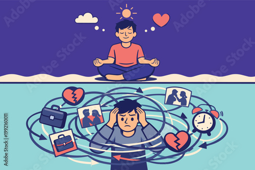 Person achieving tranquility and mindfulness through meditation, contrasting with another experiencing modern life's overwhelming pressures, confusion, and broken heart