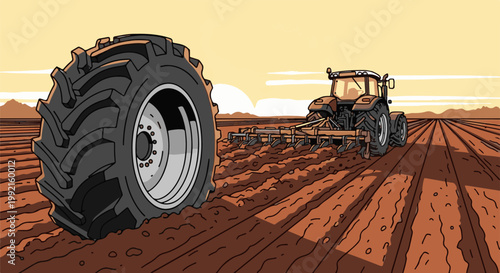 A tractor plows a field at sunset, preparing the soil for cultivation under a warm sky