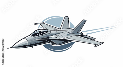 A stylized, gray fighter jet soars through the sky, leaving a contrail