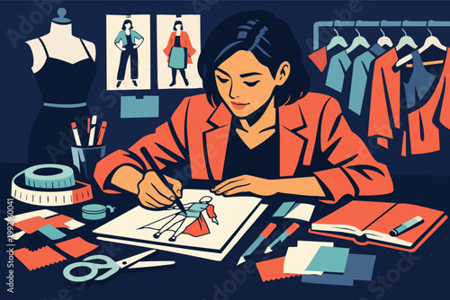 Female fashion designer creating new clothing sketches, illustrating garments and developing style in a creative studio