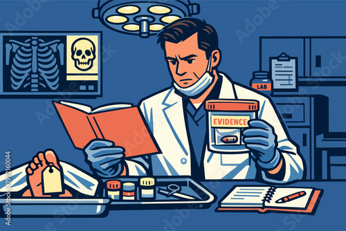 Forensic pathology expert examining evidence and records during a medical investigation in a laboratory setting
