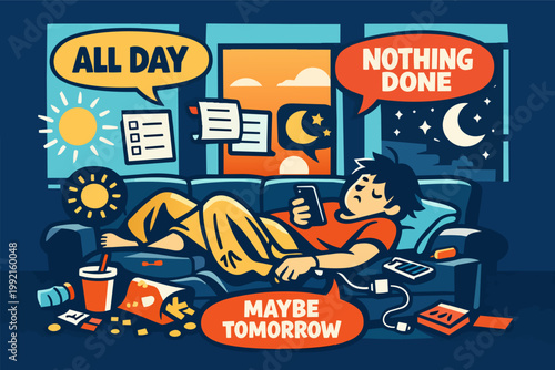 Procrastinating man wasting a day with phone addiction, delaying tasks and feeling unproductive on a messy sofa