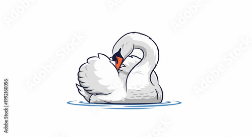 A stylized white swan with its neck curved, feathers ruffled, resting gracefully on calm blue water