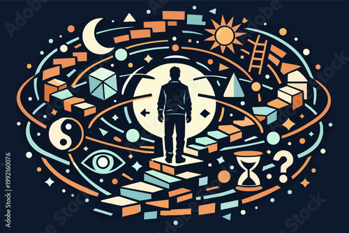 Person facing life journey and existential choices, navigating a complex path of discovery and self-reflection amidst universal symbols