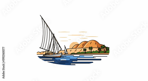 A traditional sailboat glides on calm blue water near a desert shoreline with palm trees