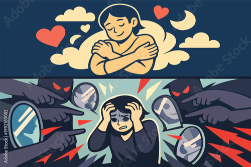 Self-love and inner peace contrasting with self-criticism, anxiety, doubt, and mental health struggles