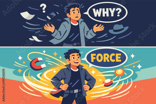 Man solving physics problems, understanding natural science, gaining clarity about force and motion with knowledge