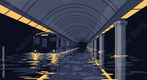 A train waits at a flooded subway platform under an arched ceiling with yellow lights reflecting