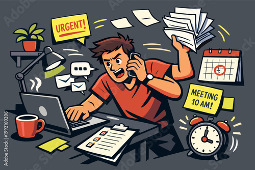 Office worker experiencing stress and burnout, juggling multiple urgent tasks, answering phone and typing on laptop during busy deadline