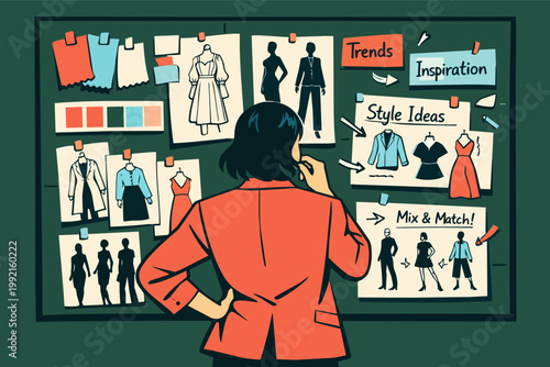 Female fashion designer developing creative concepts and choosing patterns, colors, and clothing designs on a mood board