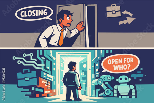 Worker experiencing job loss due to automation and ai takeover, with new tech careers opening for intelligent machines