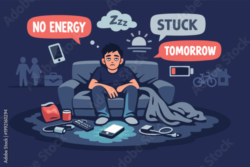 Young man feeling burnout and depression, sitting on sofa lacking energy and motivation, procrastinating daily tasks
