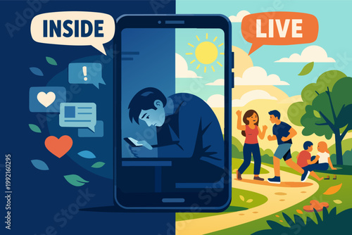 Digital isolation versus real life interaction. Man choosing social media over outdoor human connection and nature