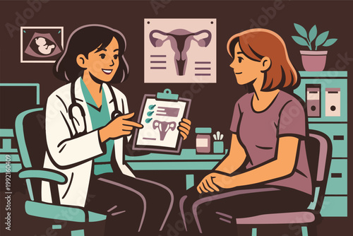 Gynecologist consulting patient about reproductive health and pregnancy, discussing uterus and fertility issues