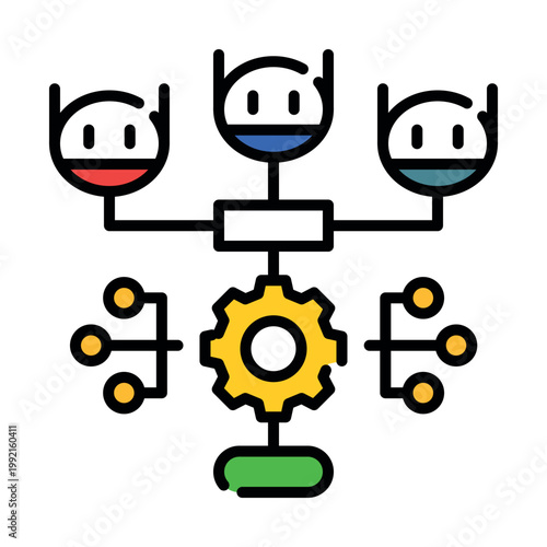 Multi-agent system and AI collaboration icon. Network of autonomous artificial intelligence agents working together for complex problem solving. Vector line spot illustration.
