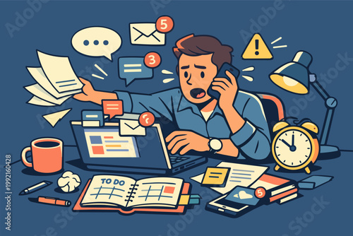 Stressed worker multitasking at office desk experiencing information overload, burnout, and tight deadlines