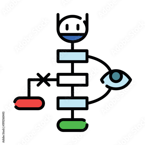 AI self-reflection and iterative reasoning icon. Artificial intelligence evaluating its own output and recursive logic metaphor for machine learning and LLM reliability. Vector spot illustration.