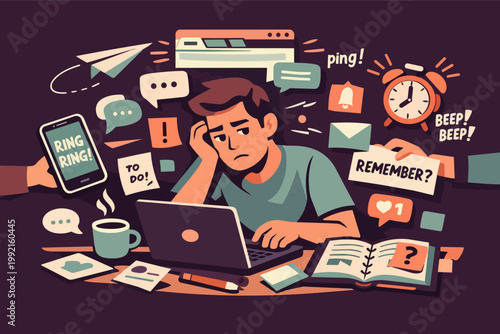 Man feeling overwhelmed by barrage of notifications, tasks, and digital distractions while working on laptop