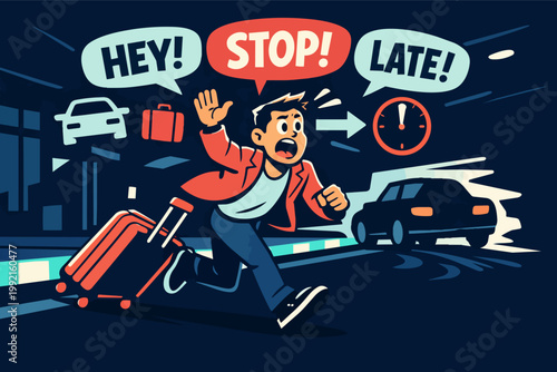 Man seeing time running out, feeling stressed and hurried, missing public transport, panicking about being late for travel